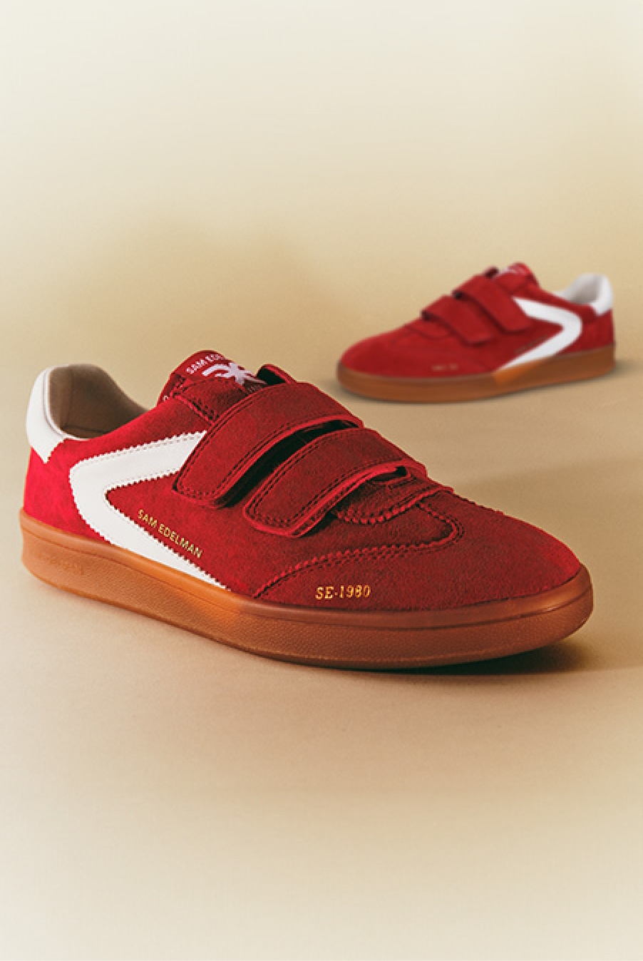 red sneakers featuring the talia velcro sneaker