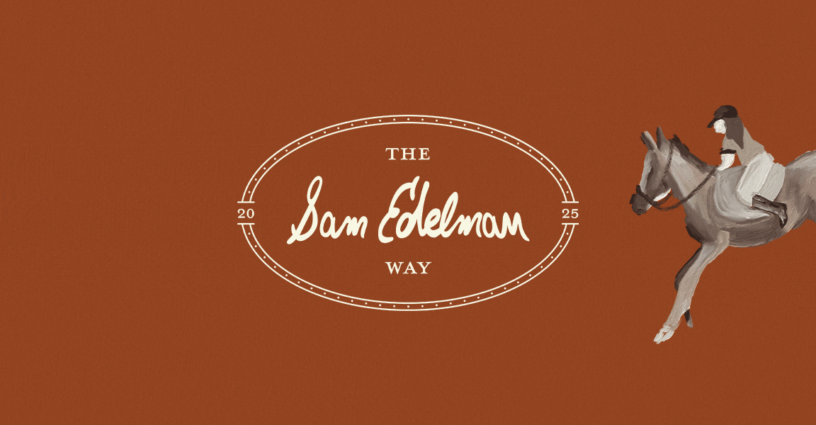 a woman on a horse running across the sam edelman logo