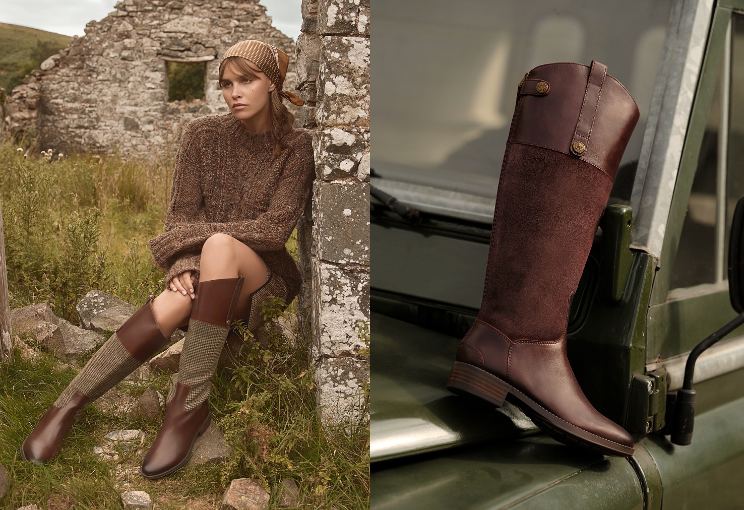 woman sitting in the countryside in an outfit of brown shades while wearing the classic penny riding boot