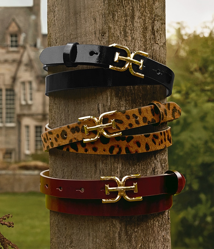 sam edelman logo belt in black, lepard, and burgundy