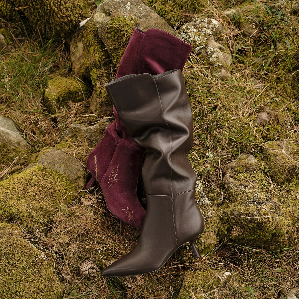 boots featuring the taylin knee high boot in plum suede and chocolate brown
