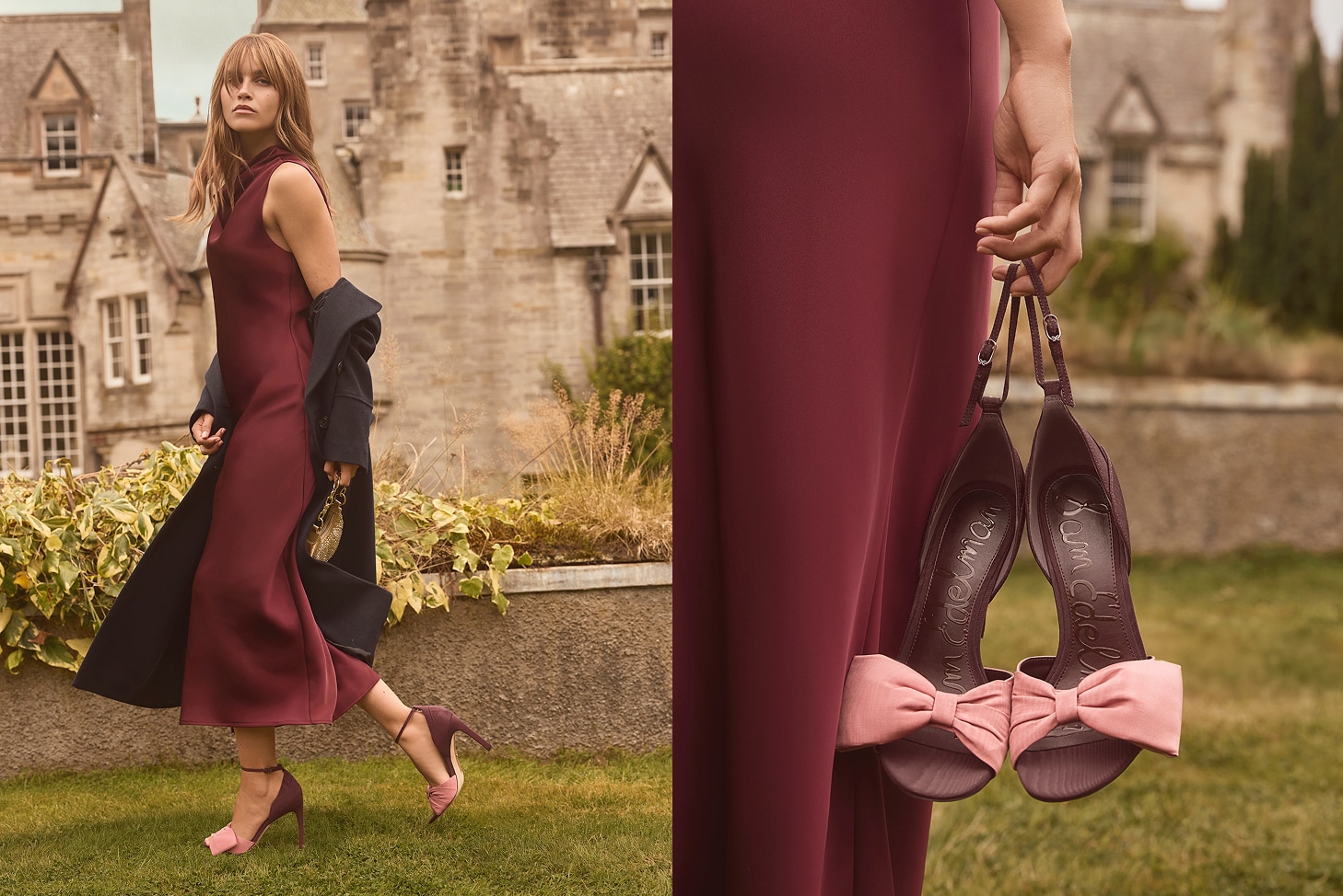 woman in a chic pinot noir silk midi dress wearing the Ida Open Toe Stiletto Sandal in Parisian Plum/Luxe Rose Fabric