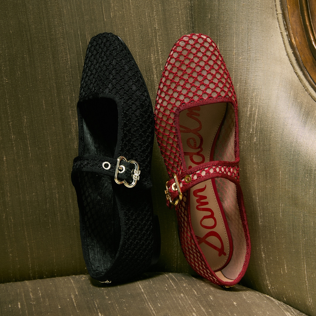 two michaela mary jane shoes. one in in red and one in black