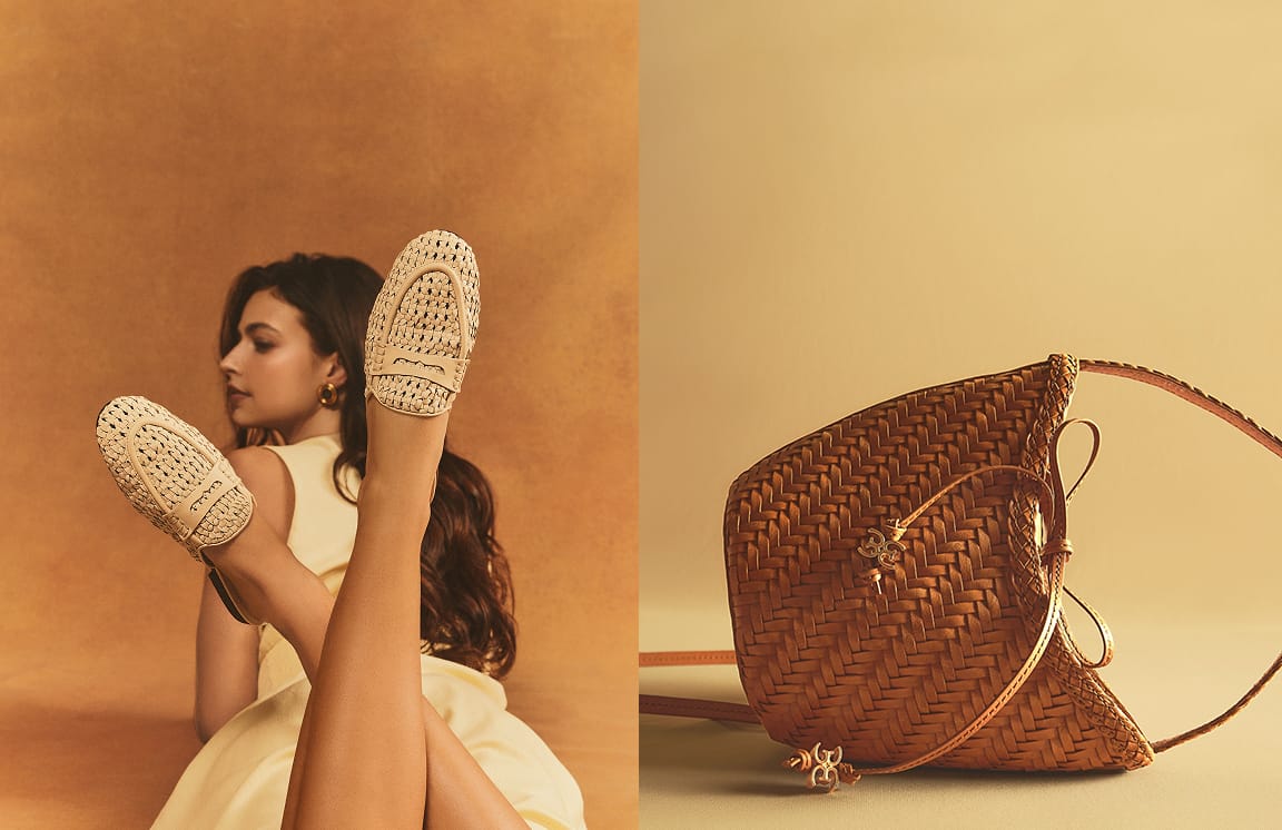 Side-by-side shot of a model wearing ivory Tullie Woven Mules next to the brown Marcie Crossbody Bag.