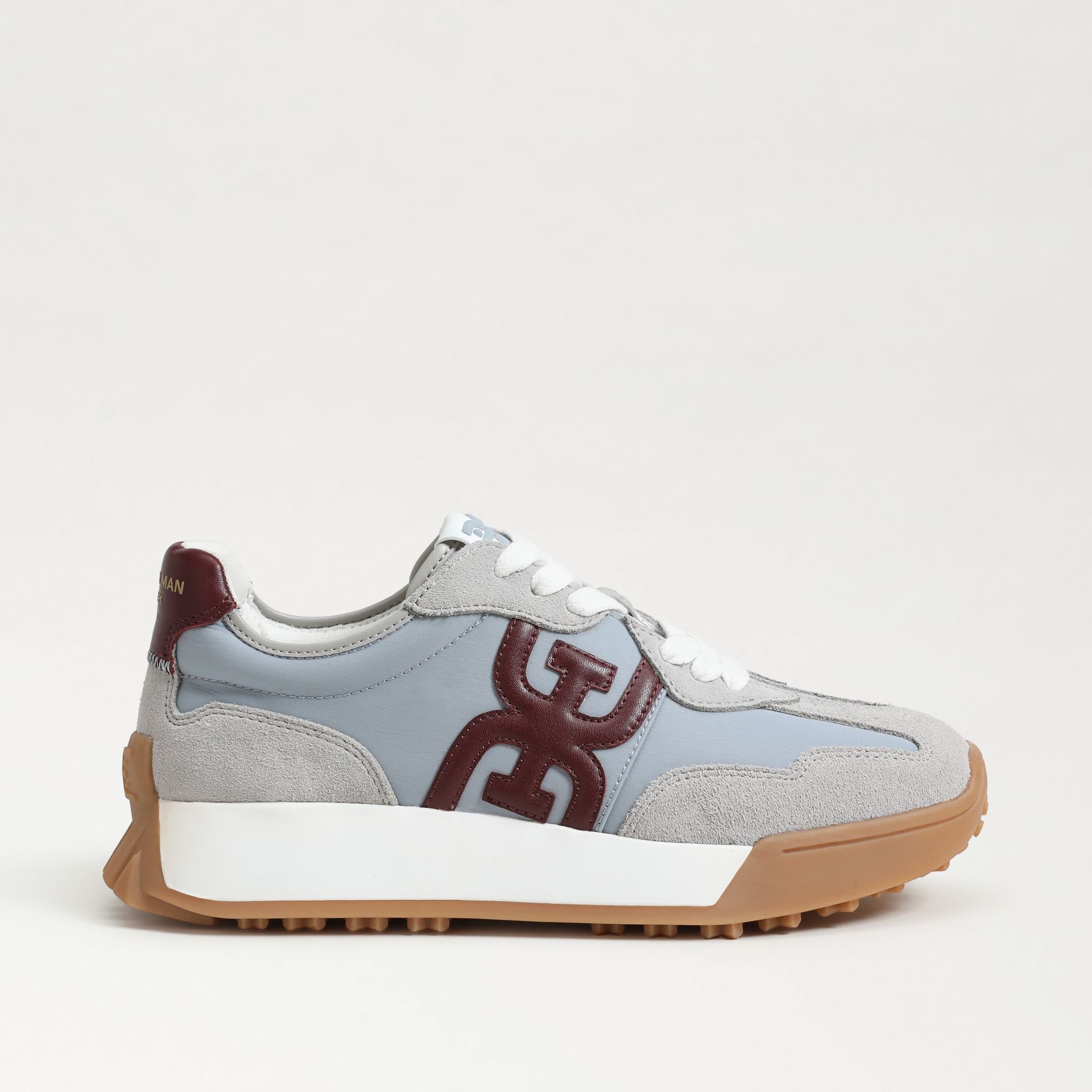 The Langley lace-up sneaker in vault blue, grey nylon, and suede 