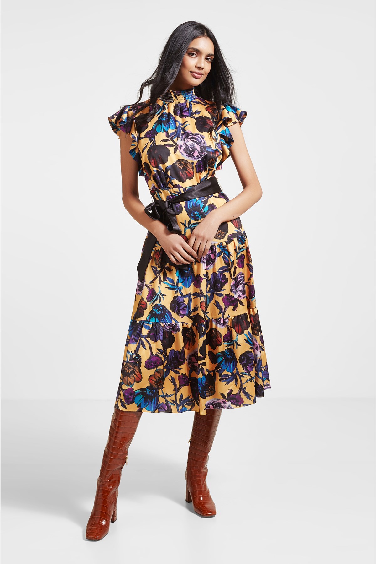 Sam Edelman Cap Sleeve Floral Midi Dress, Gold Garden | Accessories Dresses and Jumpsuits
