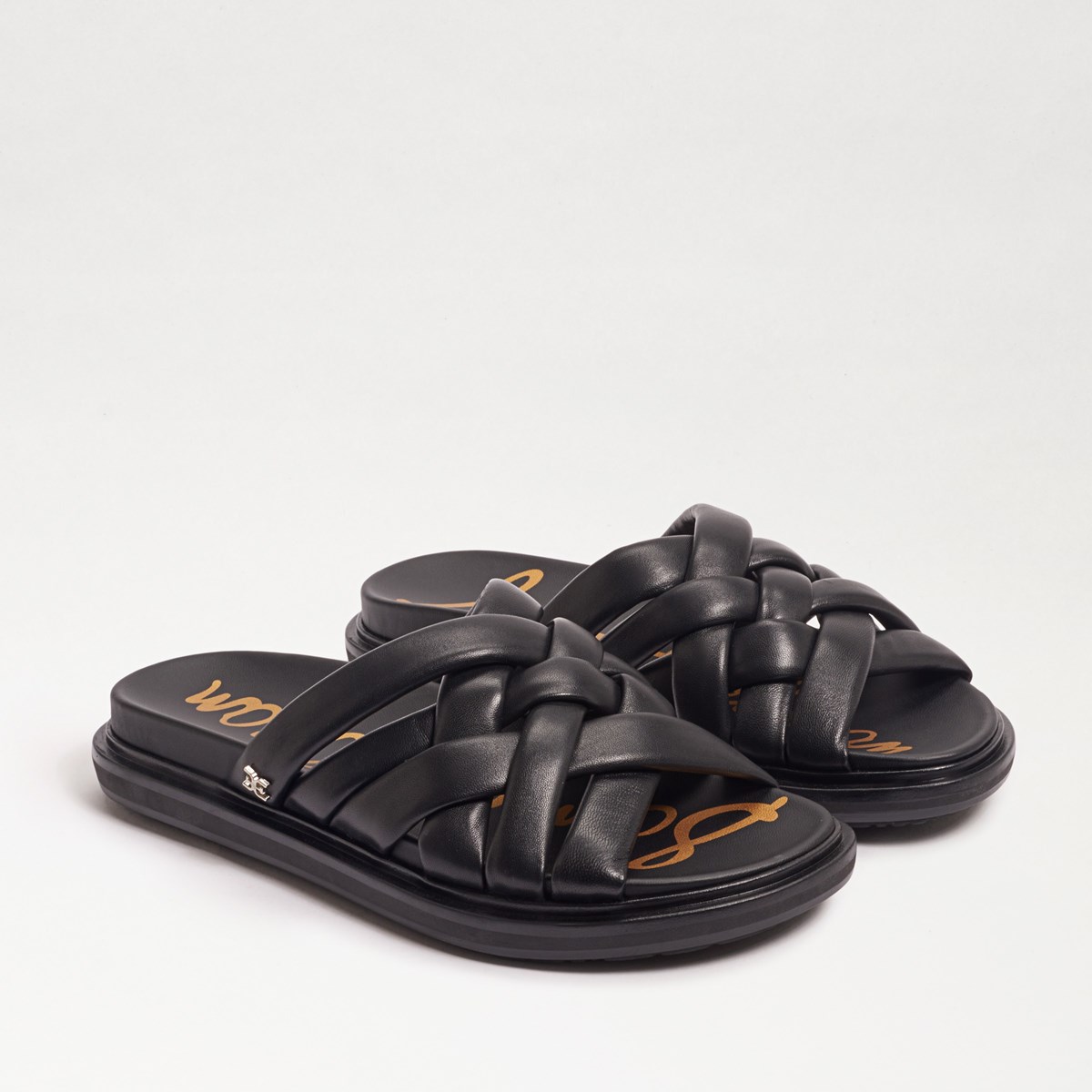 black woven slides