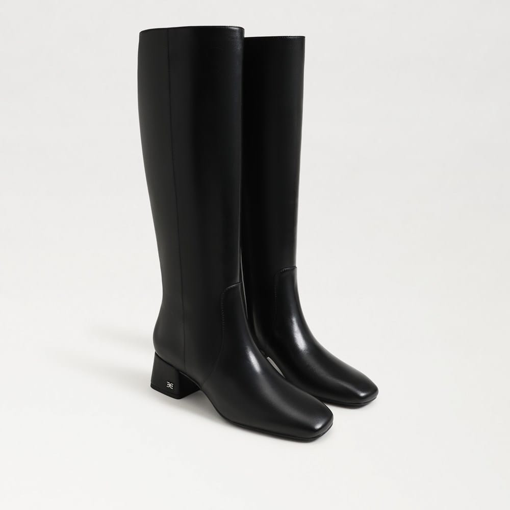 Sam Edelman Mikala Whiskey Block Heel Knee High Boots - Leather, Rounded Toe, Zipper