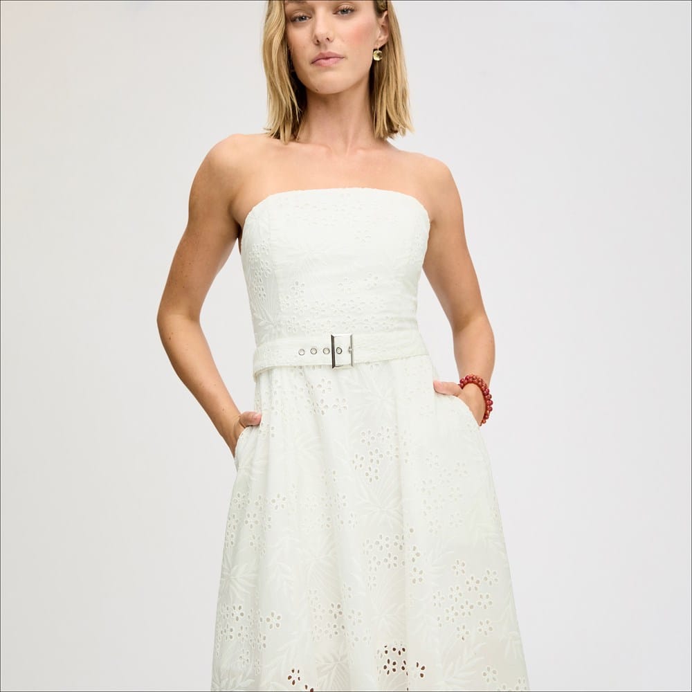 knee length dresses for ladies Fashion Cold-Shoulder Midi Dress with Asymmetrical Belt White Xs