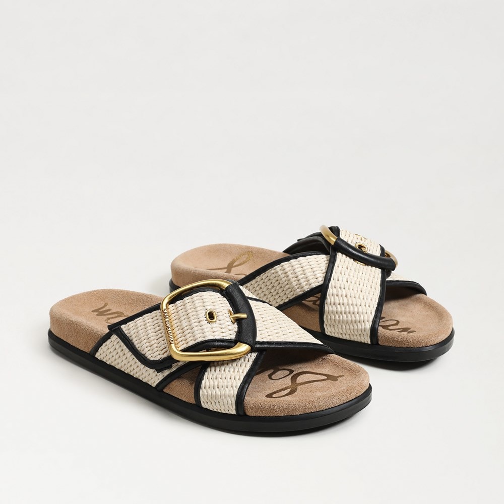 Darla Multi Buckle Slide Sandal Linen/Black Faux Raffia