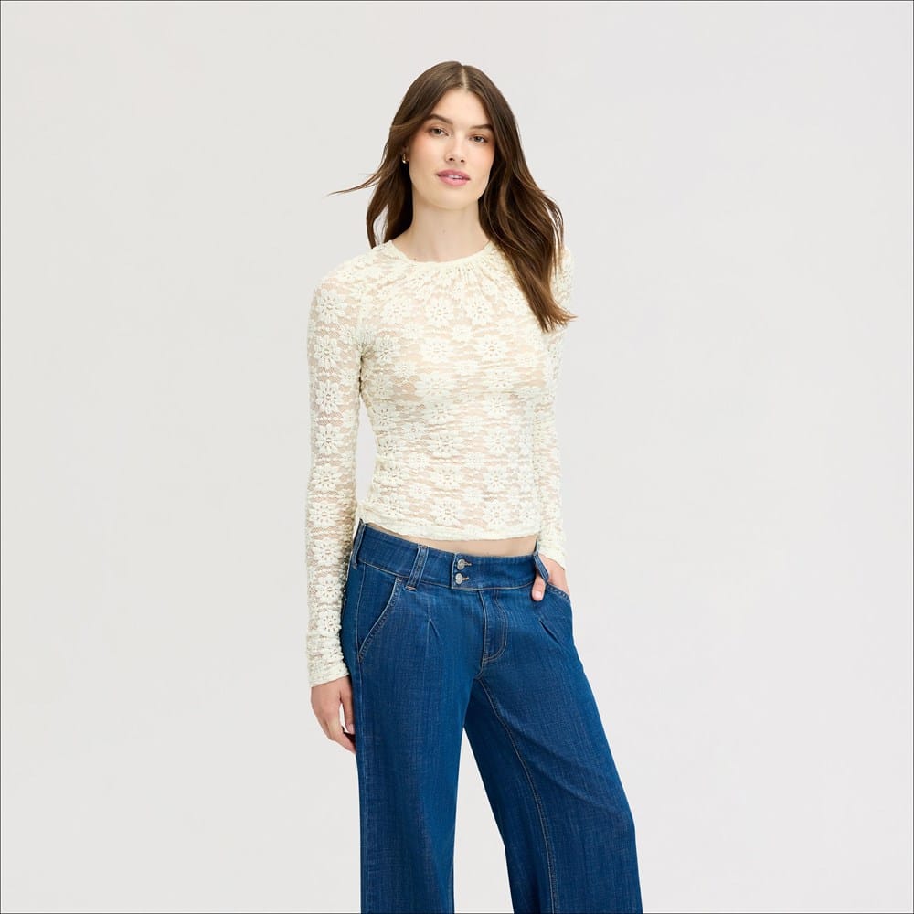 Sam Edelman Long Sleeve Lace Crew Neck Ecru
