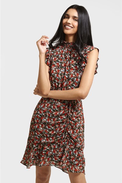 High Neck Ruched Floral Mini Dress
