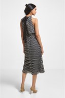 High Neck Pleated Dot Midi Dress - Front