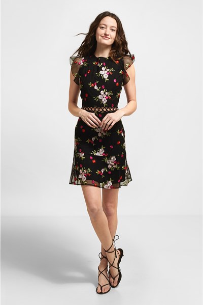 Ruffled Embroidered Floral Mini Dress