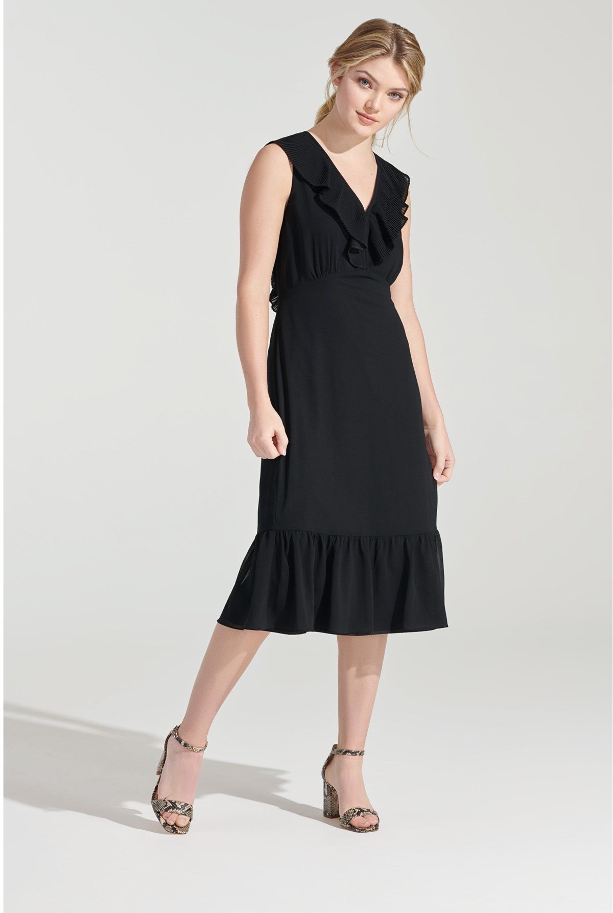 ruffle neck midi dress