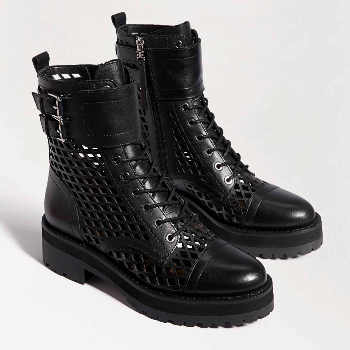 black lace up boots with buckle