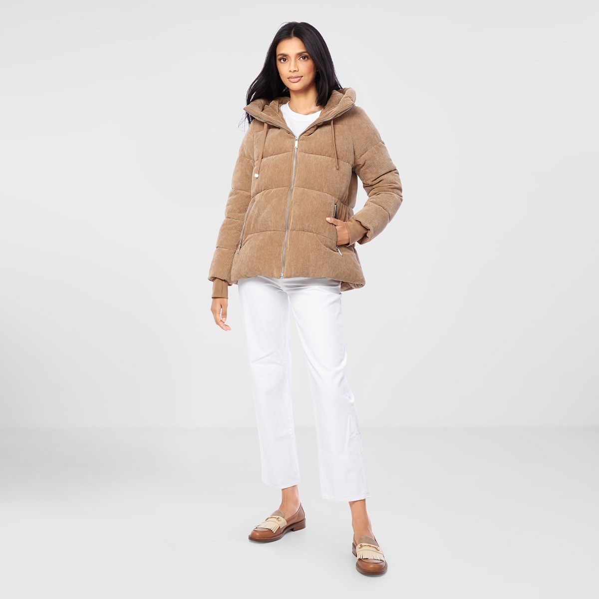 corduroy puffer jacket with hood
