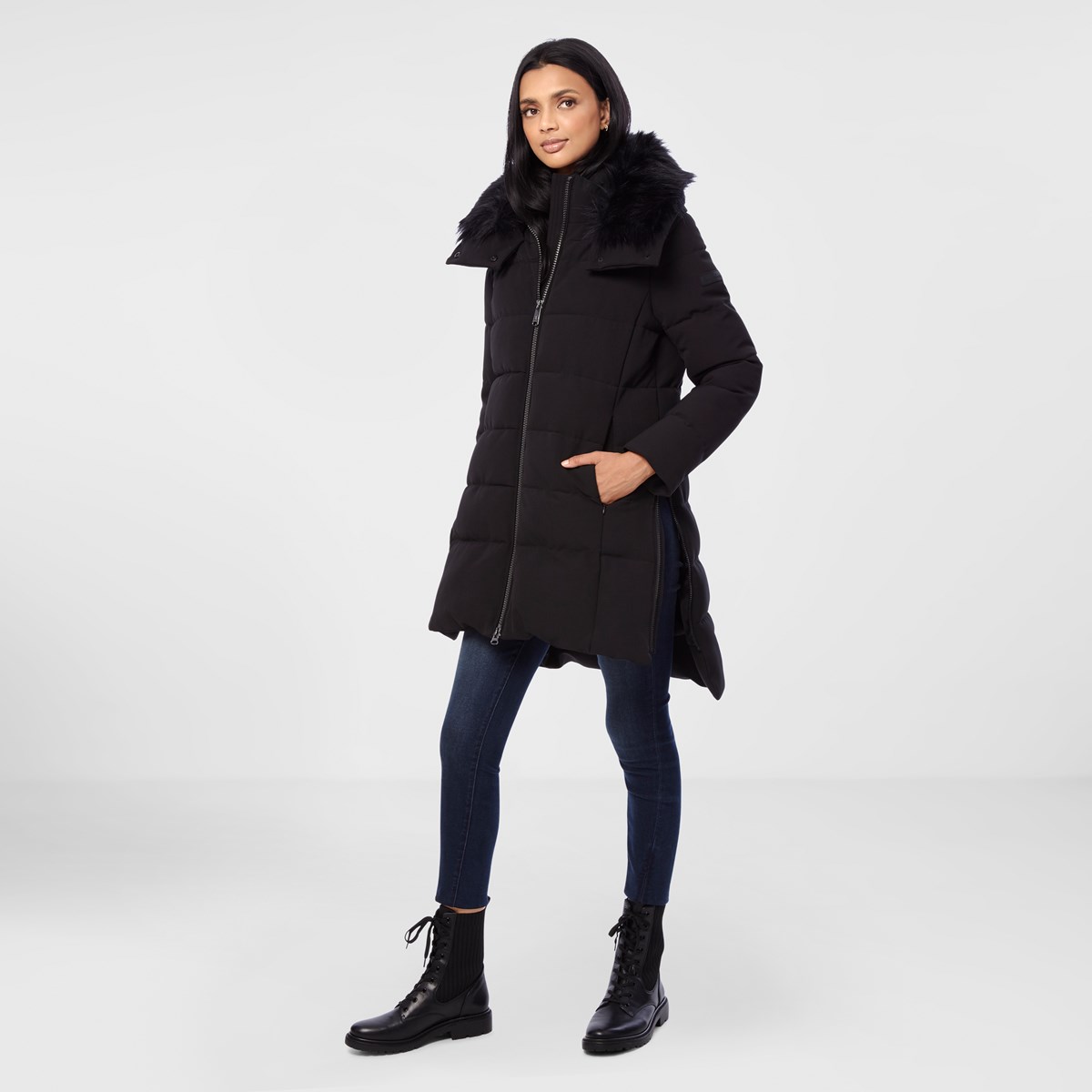 black puffer trench coat