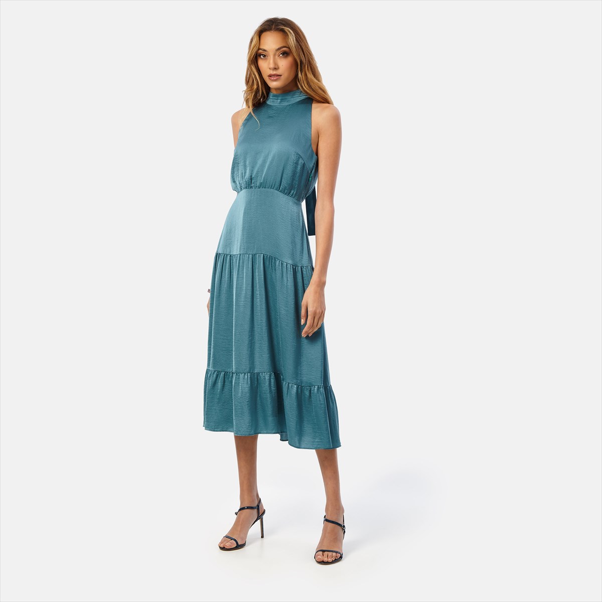 high neck halter midi dress