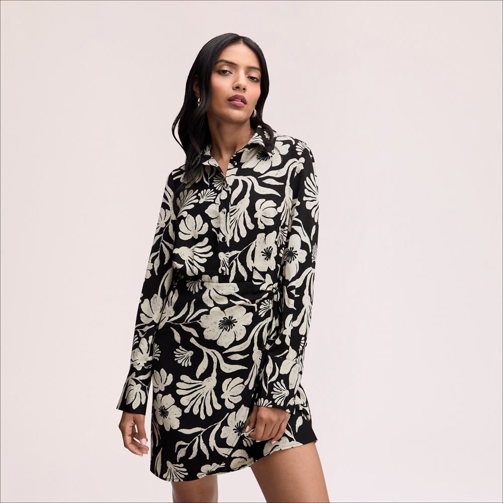 sam edelman savana long-sleeve tie mini dress Sam Edelman Floral Shirt Mini Dress Black/White 4