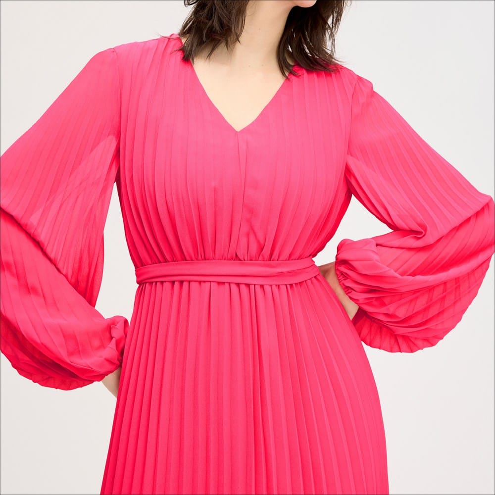 Long Sleeve Plisse Maxi Dress Hot Pink
