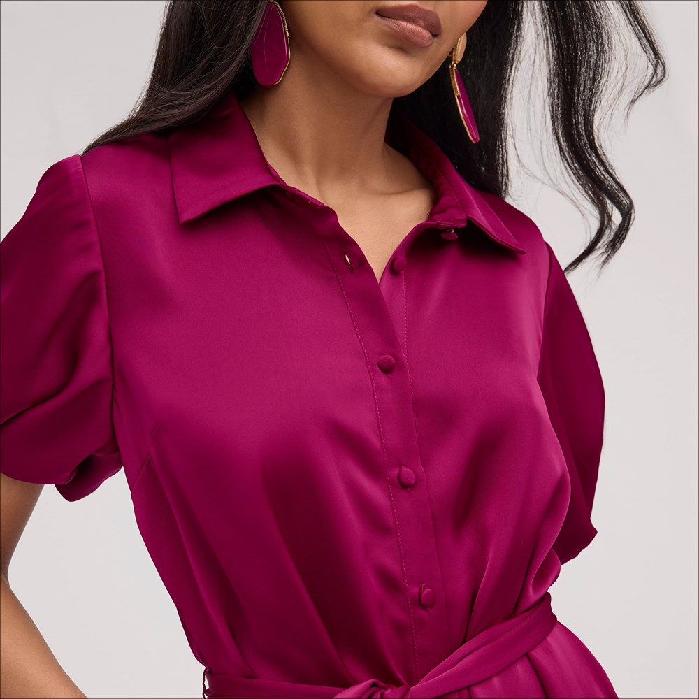Fluid Satin Puff Sleeve Mini Dress - Front