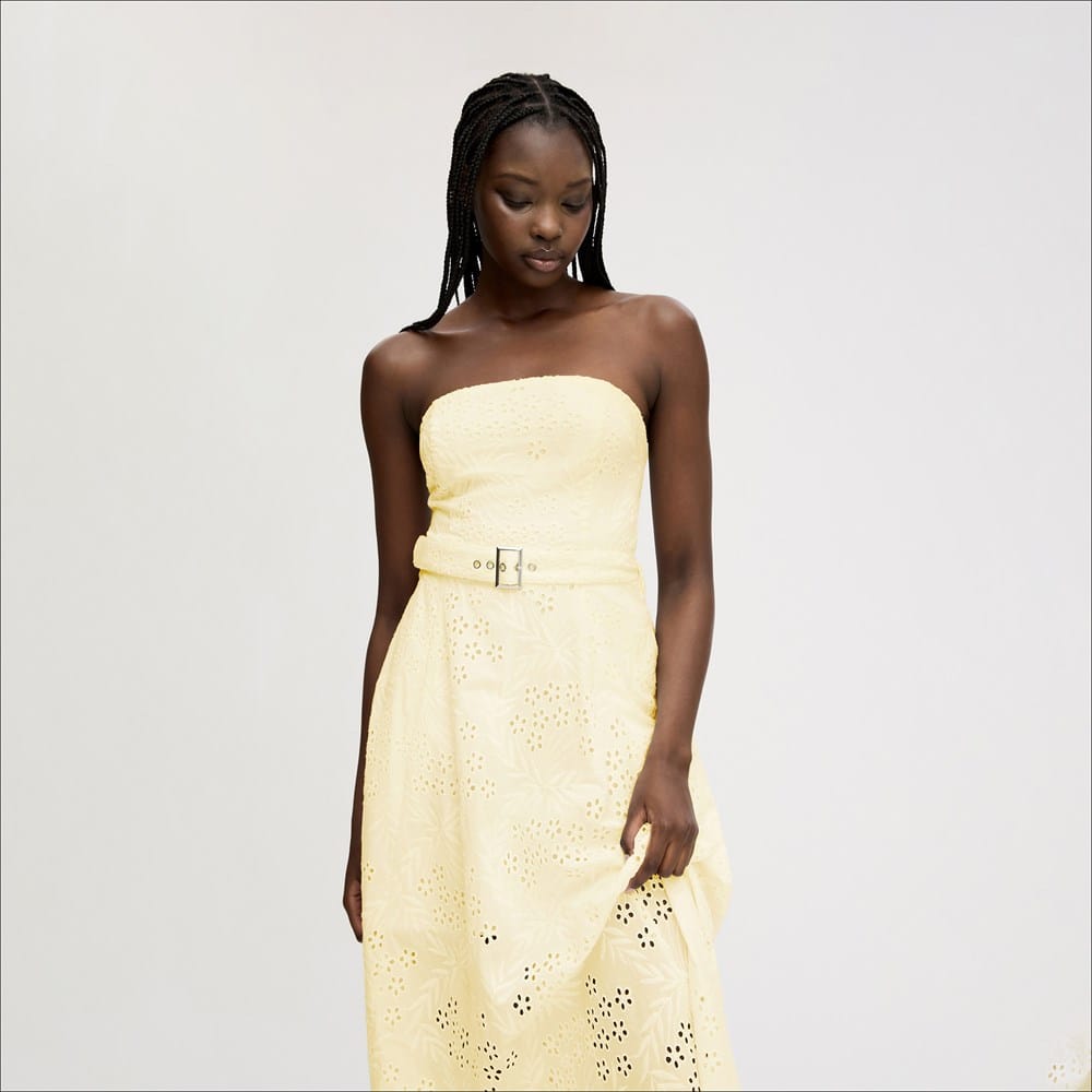 knee length dresses for ladies FLORAL EYELET MIDI DRESS IN YELLOW | CULT MIA main image 1