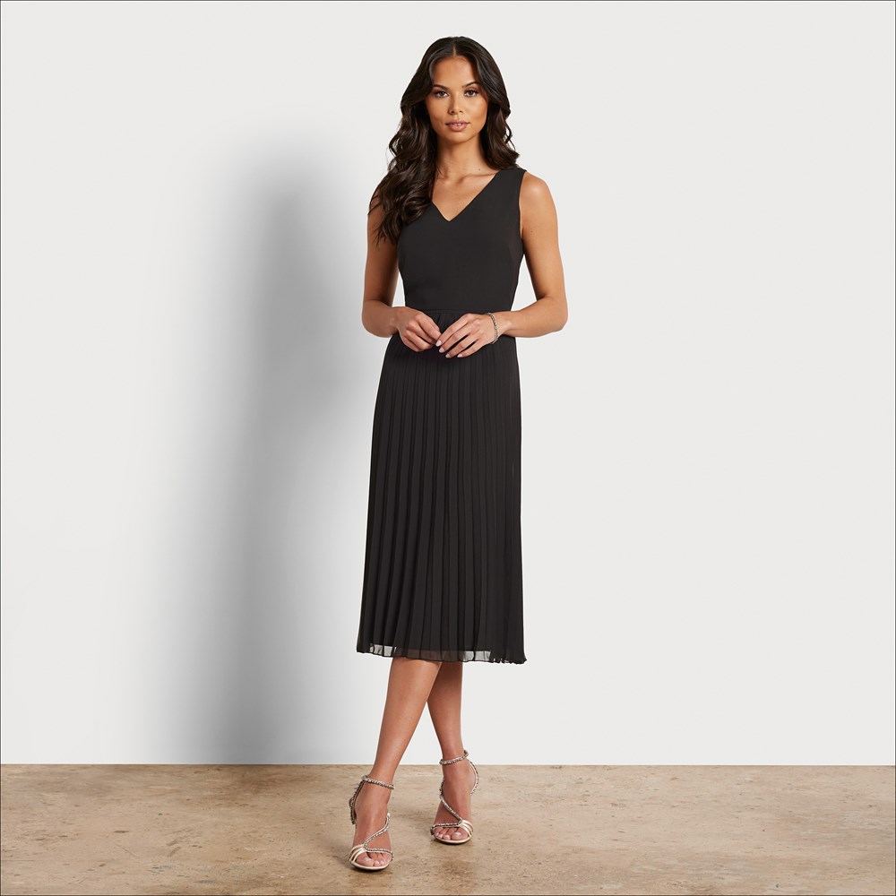 V-neck Pleated Midi Dress