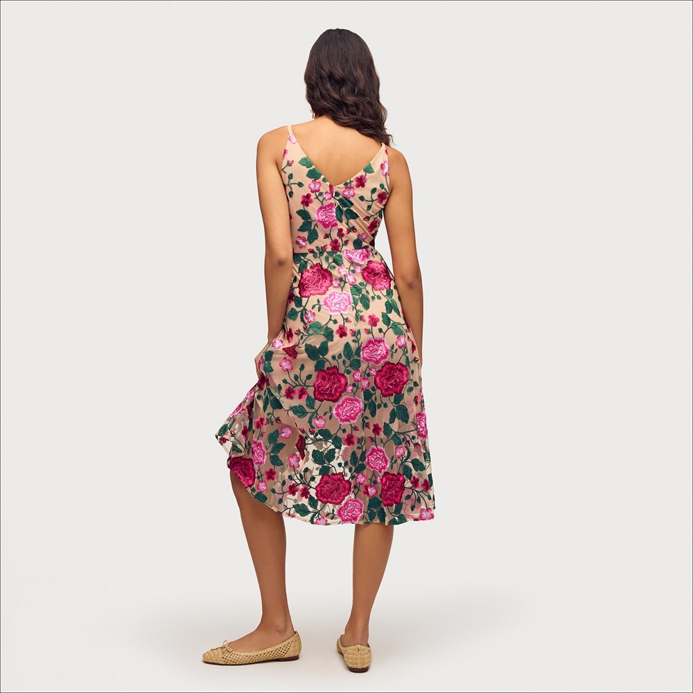 Sam Edelman Pink Rose Embroidery V neck Midi Dress Women s Dresses and Jumpsuits